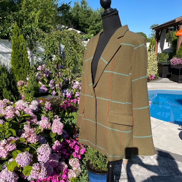 Linea Louis Dell'Olio Women's Olive Houndstooth Plaid Blazer Jacket Size 12 - Picture 4 of 11